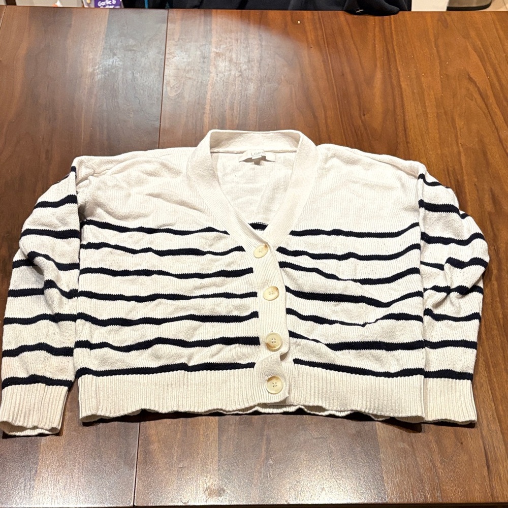 LOFT Cream and Black Striped Cardigan
